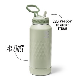 Takeya Sport 32 oz Triple-Insulated Stainless Steel Water Bottle, Straw Lid – Leakproof, Sweatproof, BPA-Free, Keeps Drinks Cold 36 Hrs, Hot 14 Hrs – Eucalyptus