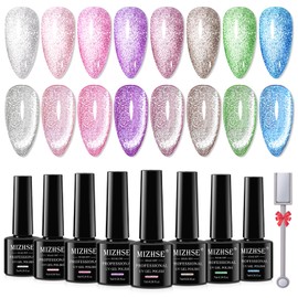 MIZHSE Magnetic Gel Nail Polish, Platinum Glitter Cat Eye Gel Nail Polish Set 8 Colors with Magnet Stick, Sparkle Cateye Nail Gel Green Pink Purple Soak Off Nail Art Salon Home Manicure Women Gift