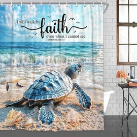 Sea Turtle Shower Curtain with Bible Verse, Blue Teal Ocean Bathroom Decor Christian Scripture Quote Bath Curtain Christian Faith Bath Set Coastal Theme Bathroom Accessories Hooks Included 70X70IN