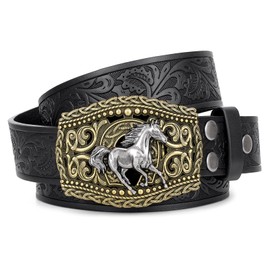 XIAOWU Western Faux Leather Belt for Men and Women, Cowboy Cowgirl Attractive Buckle Retro Embossed Costume Belt, A-horse bronze - black