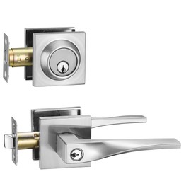 Berlin Modisch Sleek Series Entry Lever Door Handle Set and Single Cylinder Deadbolt Locking Lever HandleSet [Front Door or Office] Reversible Heavy Duty – Satin Nickel Finish