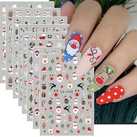 8 Pcs Christmas Nail Art Stickers Decals with Santa, Snowflakes, Reindeer, and Christmas Tree Designs, Matte Finish Cartoon Pattern Self-Adhesive Nail Xmas Winter 3D Nail Stickers for Women Nail Art