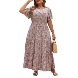 Nemidor Plus Size Maxi Dresses for Curvy Women Summer Casual Boho Ditsy Floral Print Layered Flared Long Dress with Pocket(304,22,Pink Print)