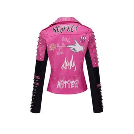 RISISSIDA Studded Leather Jacket Women Moto Motorcycle Plus Size Oversized Faux Leather Coat Black-pink 0376 3X-L