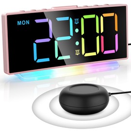 Vibrating Loud Alarm Clock with Bed Shaker, RGB Digital Alarm Clock, 8-Colour Large Display, Night Light, 2 Alarms, LED Digital Table Clock for Heavy Sleepers/Hearing Impaired/Children, Memory Switch
