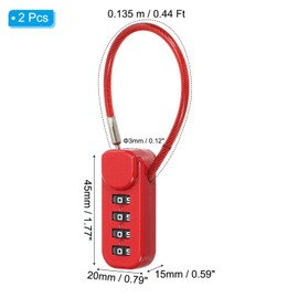 PATIKIL 2 Pack 4 Digit Combination Lock, Helmet Padlock Cable Lock Gym Locker Lock with 0.44Ft Flexible Security Steel Lock Wire for Bike Locker Travel Luggage, Red