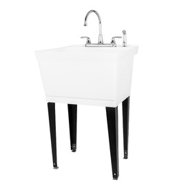 Utility Sink Laundry Tub with Gooseneck Faucet by JS Jackson Supplies, Heavy Duty Slop Sinks for Basement, Laundry Room, Garage or Shop, Large Free Standing Wash Station (Chrome Faucet)