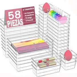 58 PCS Organizadores de Cajones de Plástico Transparente, Organizador de Maquillaje Cajones, 4 tamaños, para Tocador de Baño, Maquillaje,...          