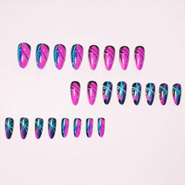 Almond Press on Nails Medium Fake Nails Pink Blue Stripe Glue on Nails Colorful Glitter Gloss Stick on Nail False Nails with Designs Black Gradient Artificial Nail for Women Girls 24Pcs