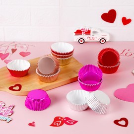 Quera 200 Pcs Valentine's Day Cupcake Liners Foil Red Silver Rose Gold Purple Paper Patterned Cupcake Liners Baking Cup Disposable Paper Cupcake Wrappers Valentine's Day Birthday Party​ 4-Color