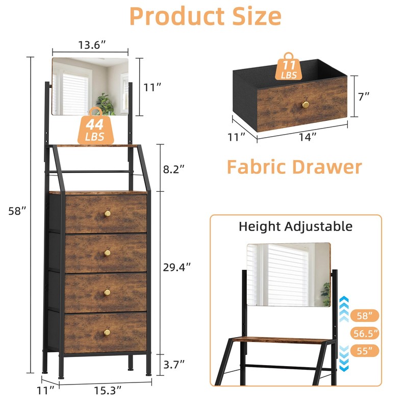 HIGDBFE Vanity Dresser with Mirror & 4 Drawers, Rustic Brown,