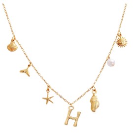 Initial Charms Necklace for Womens Shell Letter Necklace Gold Charms Seashell Starfish Choker Necklace Cute Fishtail Conch Pearl Sun Trendy Boho Summer ocean Beach Jewelry (Letter H Necklace)