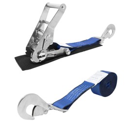 CustomTieDowns 2 Inch x 10 Foot Stainless Steel Ratchet Strap, Protective Pad Under Buckle, Stainless Steel Twisted Snap Hook, Hook Facing Down. (Blue)