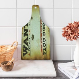 Lunarable Western Cutting Board, Old Wanted Placard Print Dead or Alive Bounty Hunter Cash Reward, Decorative Tempered Glass Cutting and Serving Board, Wine Bottle Shape, Camel Brown and Dark Orange