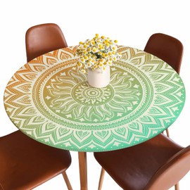 Guxxuil Mandala Tablecloth Round Bohemian Ethnic Aztec Lotus Circles Flower Yellow Green Waterproof Wipeable Table Cloth Cover Table Pad Cover for Dining Room Fitted 40-44 inch