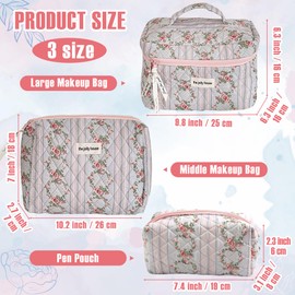 GoaePode Women's Travel Cosmetic Bag Set, 3 Pieces, Various Sizes, Flowers, Aesthetic Make Up Bag, Made of Cotton, Quilted Toiletry Bag, Beauty Case, Make-Up Bag, Travel Essentials, Blue Flower,