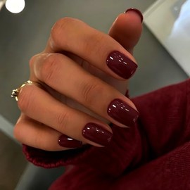 Uñas Postizas Cortas Cuadradas Color Rojo Burdeos, Uñas De Gel Naturales, Uñas Acrílicas De Moda Con Capa Protectora, Reutilizables, Estilo Ataúd, 24 
