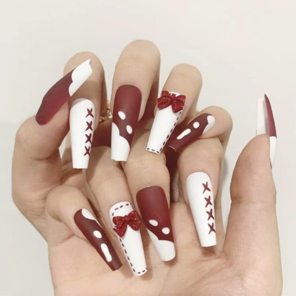 Uranian Extra Long Coffin Fake Nails Red White French Press