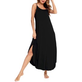 SWOMOG Women Long Nightgown Pajama Dress Soft Strap Nightdress Summer Sleeveless Nightshirt Lounge Dress with Pockets Black XX-Large