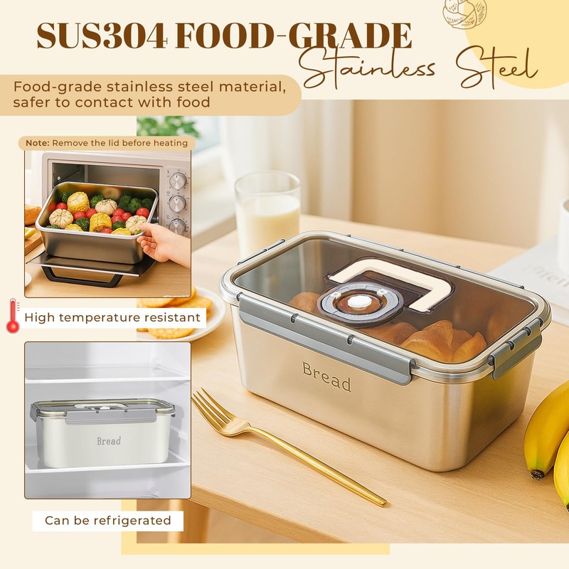 FoldTier 1 Pcs Large Stainless Steel Bread Container with Lid,