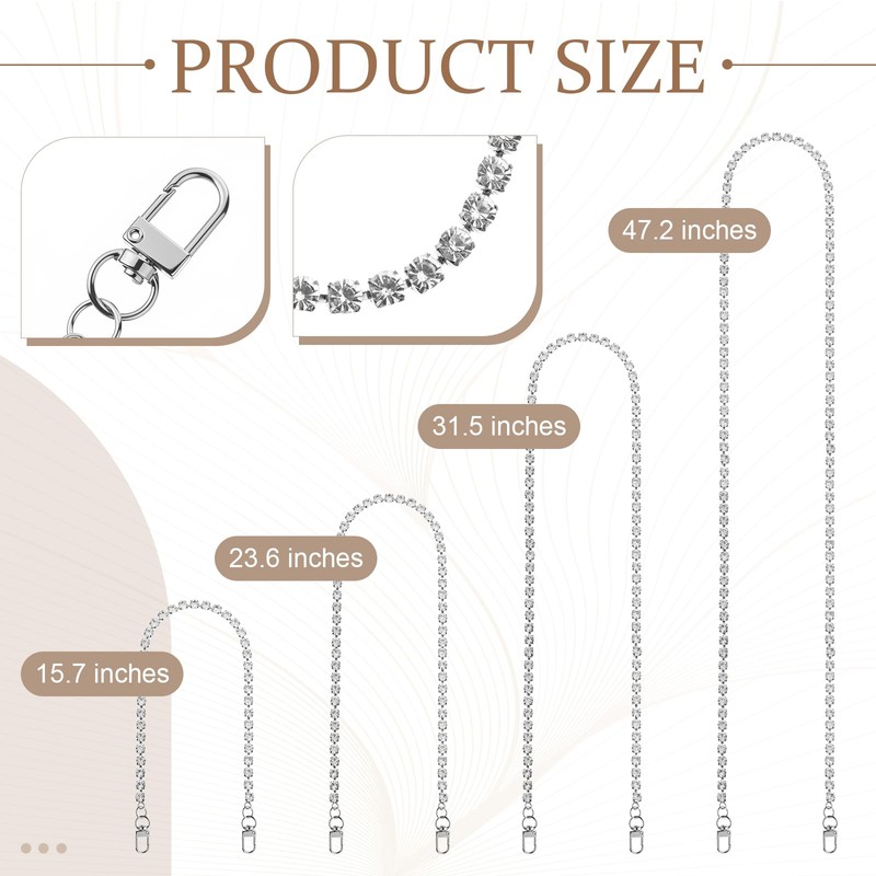 Silver Rhinestone Purse Chain, 4 Pieces Different Sizes Bag Chain