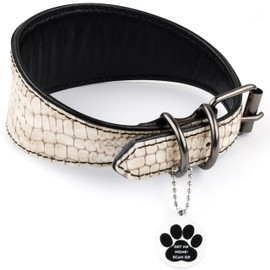 FAVPET Luxury Genuine Leather Greyhound Collar Wide with QR Code Pendant, Soft Leather Dog Collar Wide Whippet Italian Wind Chime Saluki Lurcher Spanish Galgo Greyhound Podenco (Beige, S)