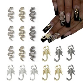 Scorpion Nail Charms and Snake Nail Charms 18Pcs 3D Gold Silver Black Alloy Nail Rhinestones Accessories for Acrylic Nails Scorpion Snake Nail Jewelry Decorations for Women Manicure Craft Supplies