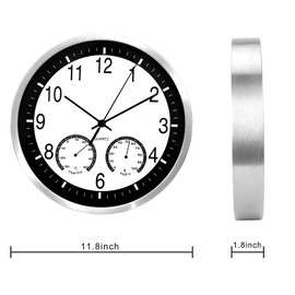 ALEENFOON 12 Inch Modern Quiet Metal Wall Clocks for Living Room Kitchen Without Ticking Noises Humidity Temperature Humidity Indoor Clock Non-Ticking Wall Clocks Hanging Clock