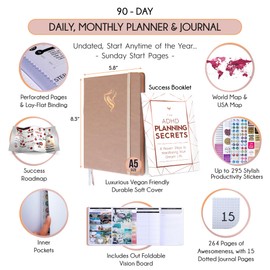 Self Care Journal & ADHD Planner for Adults - 5 Minute Journal, A 90 Days Planner, Creating Your Dream Life, Increase Productivity & Happiness, Vision Board, Guided & Gratitude Journal - Undated