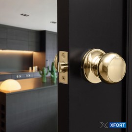 XFORT Bello Passage Knob Set Polished Brass, Door Knob for Internal Wooden Doors, Complete Set with Tubular Latch