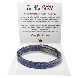 Mens Leather Bracelet Bangle Wristband with Black Stainless Steel Ornaments, To My Son I Love You Mens Bracelet for Mens Gifts Graduation Gift