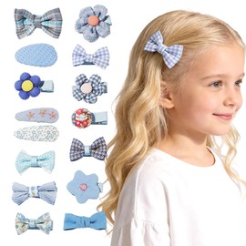 BAISEN Baby Girl Hair Clips & Bows - 15 Pack Fully Lined Non Slip Barrettes for Fine Hair | Handmade Hair Accessories for Infants, Toddlers, and Little Girls (Blue)