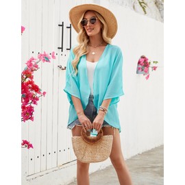 Chunoy Women Summer Chiffon Kimono Cardigan Open Front Loose Tops Lightweight Sheer Beach Cover Up Turquoise X-Large