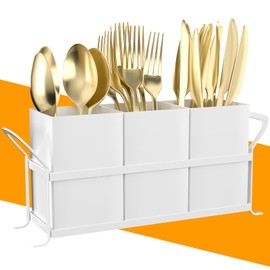 DRPORONYN Silverware Caddy for Party - White Utensil Holder for Kitchen Counter, Compact Metal Organizer for Flatware, Cutlery, Spoons, Forks, and Knives, Cute Small Farmhouse Container for Countertop