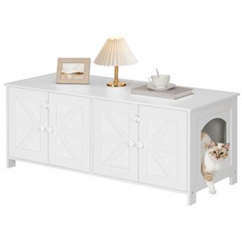 HOOBRO Cat Litter Box Enclosure for 2 Cats, Hidden Litter Box Furniture, 47.2 x 17.7 x 19.7 Inches, Wooden Litter Box Enclosure with Dual Room, Large Cat House for 2 Cats, White WT32MW01G1