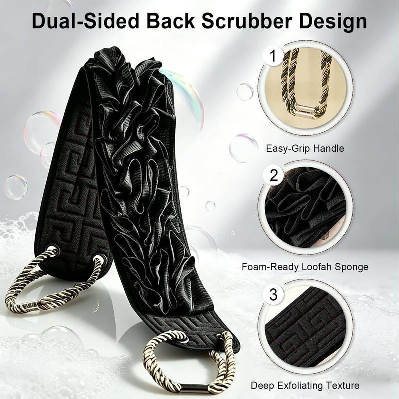 Back Scrubber with Handle,Dual Sided Exfoliating Shower Washcloth (Black)