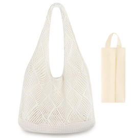FZSECRIU 1 x beach bag + 1 x cosmetic bag, beach bag, women's small beach bag, crocheted bag, beach bag, White