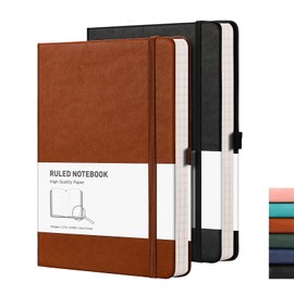 RETTACY Notebook A5 Hardcover, Lined, Pack of 2 - Thick Journal with 376 Numbered Pages, 100 g/m² Paper, 8 Perforated Sheets, Pen Loop, Inner Pocket - Black Brown