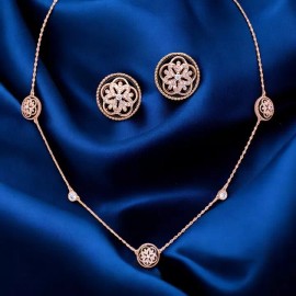 Rosegold Onyx Red  & Cubic Zirconia Floral  Rose Gold Plated Necklace Earrings  Set