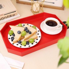 SforGUVA Red Octagonal Serving Tray with Handles for Coffee Table, Plastic Decorative Tray for Ottoman, Kitchen Counter, Living Room, Outdoor Lacquer Tray for Entertaining