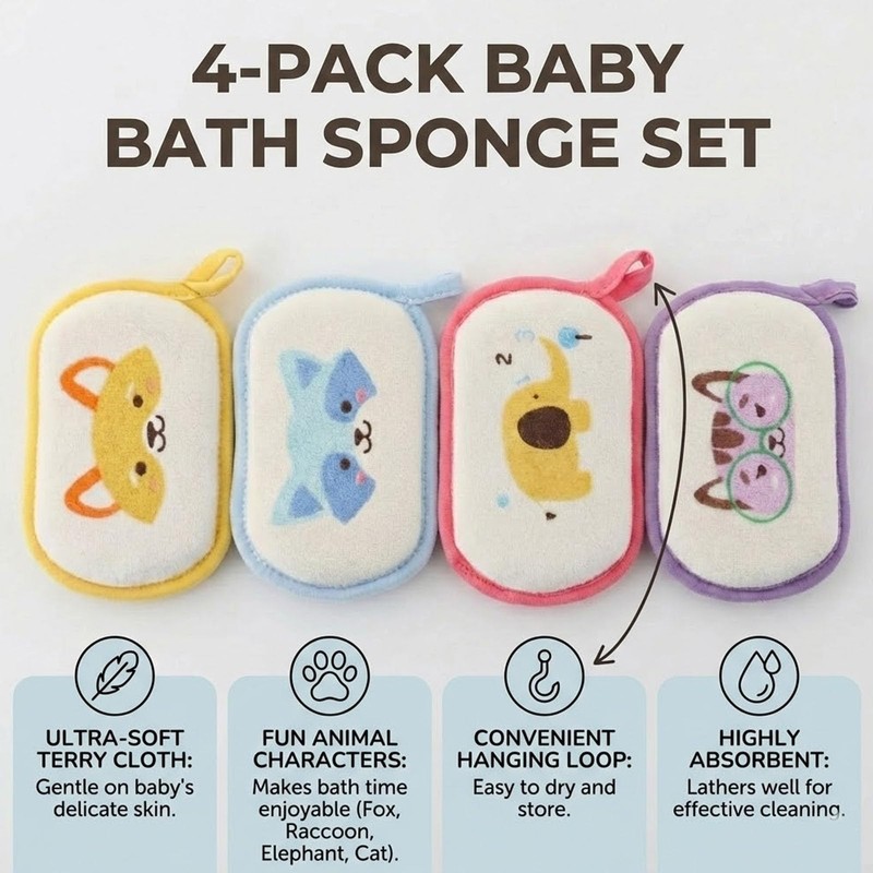 4Pcs Bath Sponge, Cartoon Bath Loofah Sponge Absorbent Shower Sponges