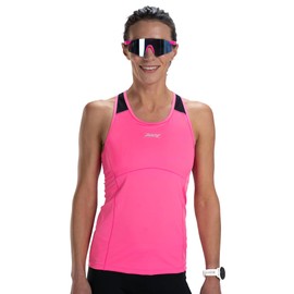 Zoot Women's Core Tri Racerback Tank, Performance Triathlon Race Tank Top, UPF 50+ Fabric, Rear Pockets, Built-in Bra Support - Bright Pink - Medium