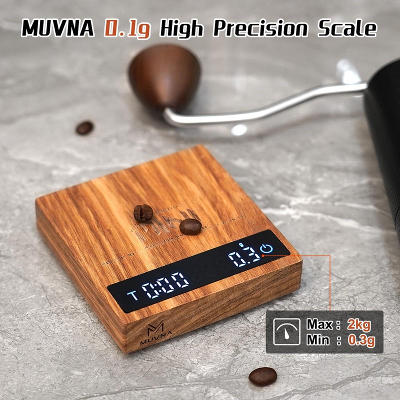 MUVNA Mini Wooden Coffee Scale with Timer - 0.3g/2kg Weighing