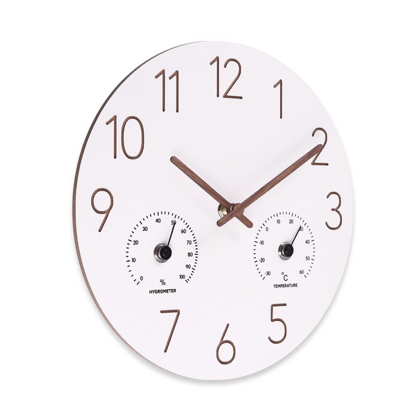 Vigorwise 10Inch Wall Clock with Temperature & Humidity, Wooden Frame