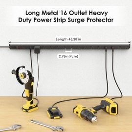 JUNNUJ Long Metal 16 Outlet Power Strip, Heavy Duty Power Strips Surge Protection 4800J with Circuit Breaker, 20a Wide Spaced Socket Wall Mount 5-15P Adapter High Amp 6-20R T-Slot 6FT Extension Cord
