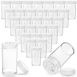 Paquete de 30 mini tarros de especias de plástico de 1 oz con tapas blancas, botellas de especias vacías transparentes con tamices, recipientes pequeños para condimentos para viajes, almacenamiento de