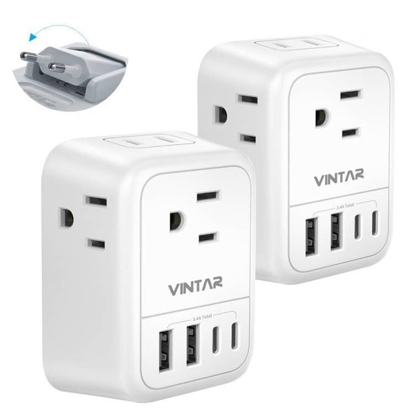 [2-Pack] European Travel Plug Adapter, VINTAR Foldable International Travel Adapter with 4 Outlets 4 USB Ports(2 USB C), 8 in 1 Type C Travel Essentials Charger for US to Most of Europe Spain France