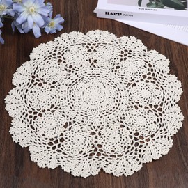 16Inch Round Cotton Lace Doilies Beige Handmade Crochet Lace Tablecloth Table Doilies Overlay (1 Pack, 40cm Diameter)