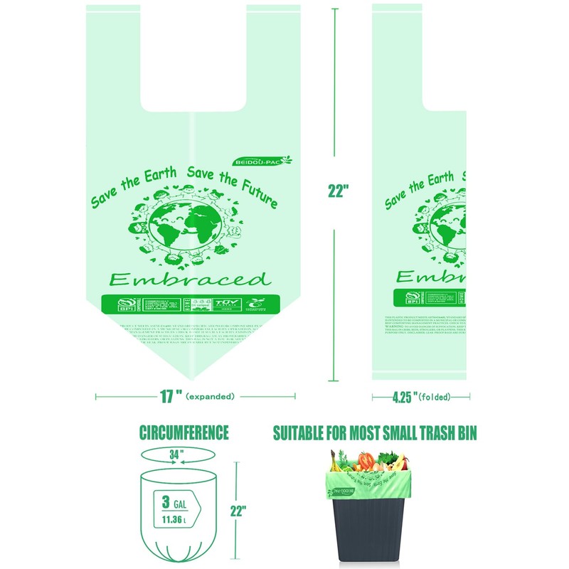 BEIDOU-PAC 100% Compostable Trash Bags, 3 Gallon Compost Bags Small