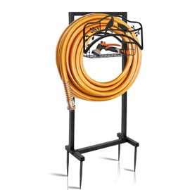 Vcaleets Garden Hose Holder With 4 Spikes, Freestanding Metal Hose Reel for Outside Garden, Detachable Water Hose Hanger Organizer for Yard Lawn